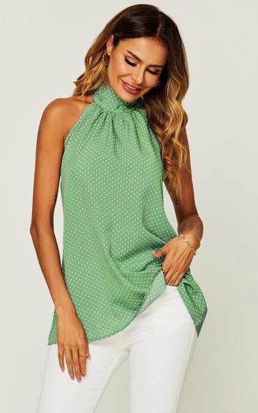 FS Collection White Polka Dot Print Halter Neck Tie Back Top In Green