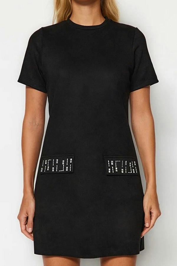 WOVCOR Crew Neck Mini Suede Knit Dress with Stone Detail