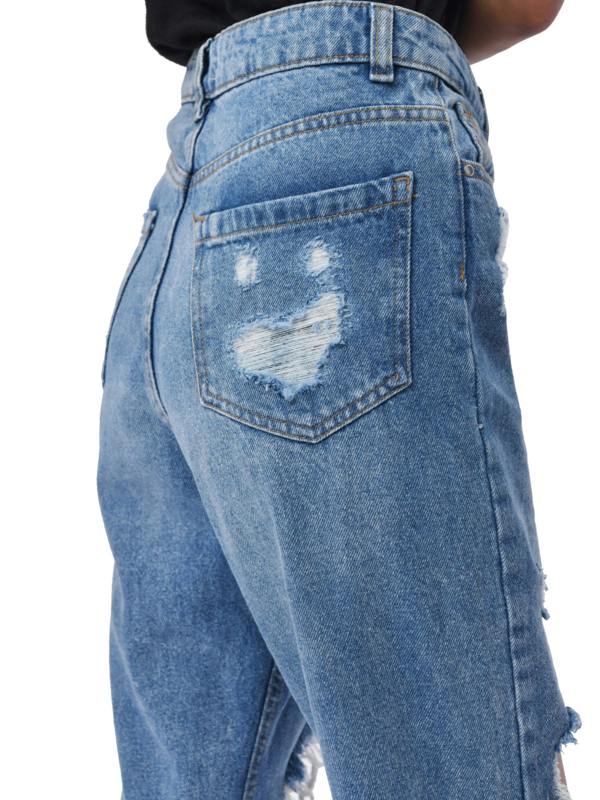 Smart Living Women's Casual Style High-Waist Torn Hem Rip Mom Jeans - Mid Wash