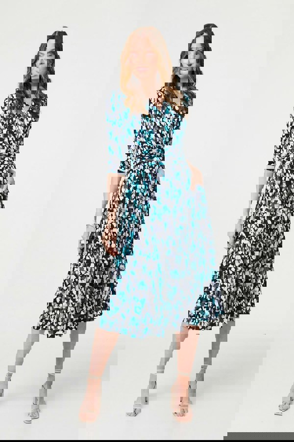 Blue | Printed 3/4 Sleeve V-Neck Midi Wrap Dress
