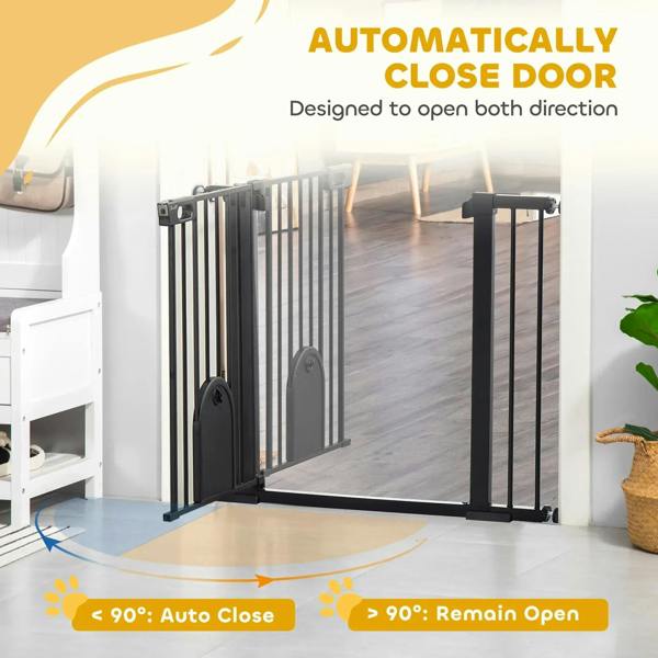 Black pet safety gate with cat flap door, shown opening and auto-closing