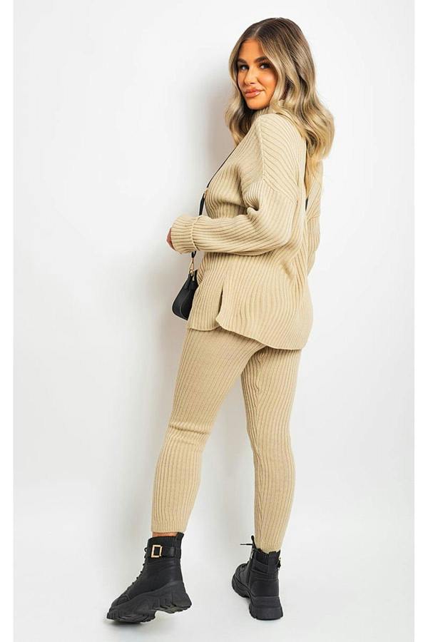 Mila Chunky Knitted High Roll Neck Top Bottom Co-ord Set - Stone