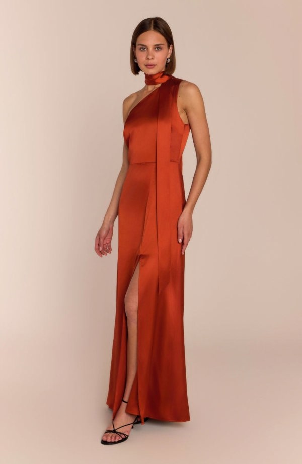 Rewritten London Porto Dress in Burnt Orange Satin