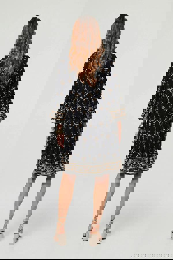 Black | Printed Metallic Trim Knee Length Dress