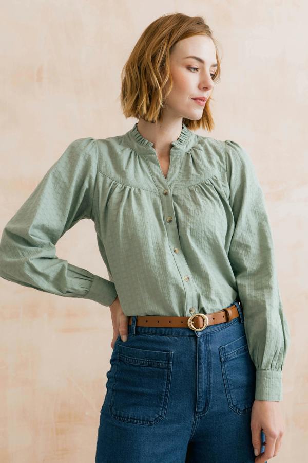 Lily & Me Wayfaring Embroidered Cotton Blouse Silver Sage