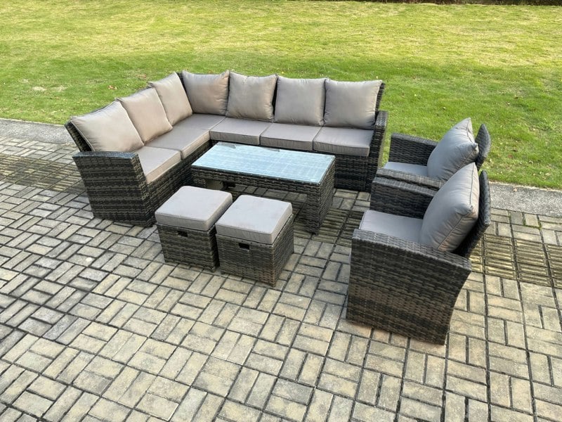 Fimous 10 Seat Rattan Garden Furniture Corner Sofa Set Outdoor Patio Sofa Chair Table Set with 2 Small Footstools Dark Grey Mixed