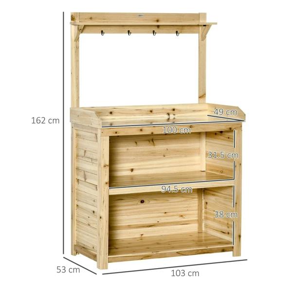 Natural wood potting bench with galvanized metal tabletop, side shelves, and hooks.