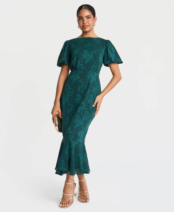 Needs No Label Forest Green Jacquard Puff Sleeve Midi Dress
