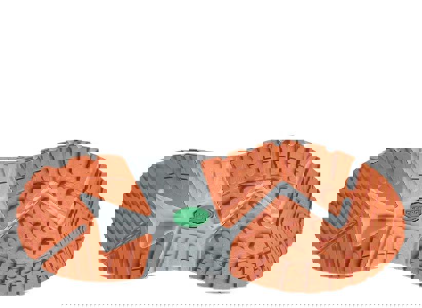 Karrimor Kestrel Womens Casual Walking Trail Hiking Outdoor Trainers, close-up view of the outsole showing orange and gray tread pattern with green DYNAGRIP logo in the center.
