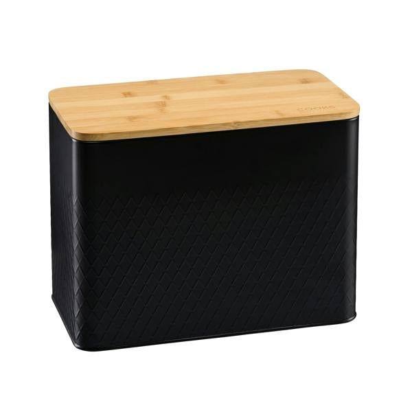 Cooks Professional Embossed Bread Bin, Linen Bag and Bamboo Board Set | Black