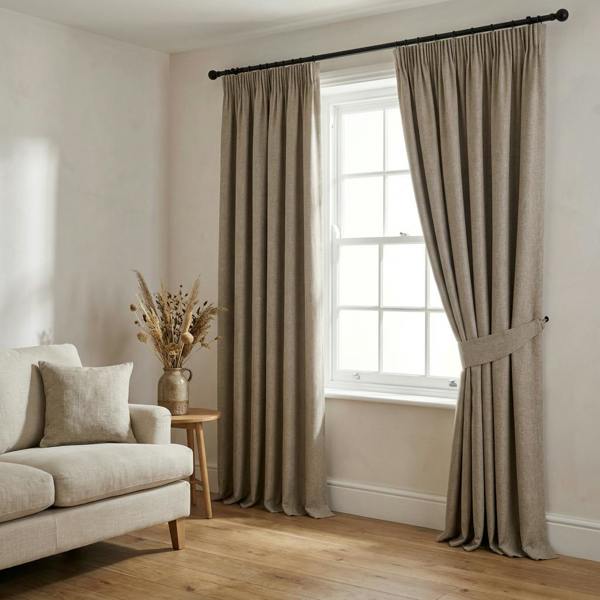Prima made-to-measure curtains in Mocha, styled in a living room