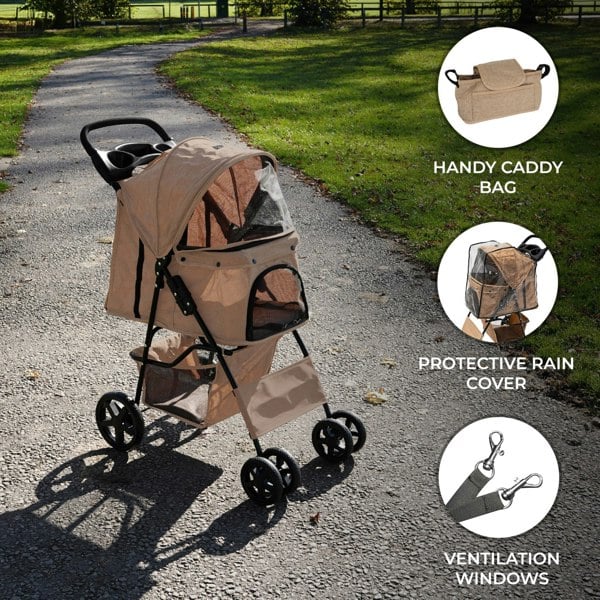 Monstershop Pet Stroller with Rain Cover & Caddy Bag - Woven Beige