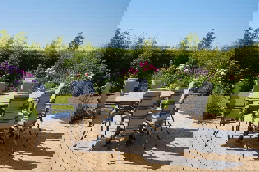 Garden Impressions Edison Natural - Six Seater Oval Dining Suite with Sergio Chairs - Light Grey Cushions