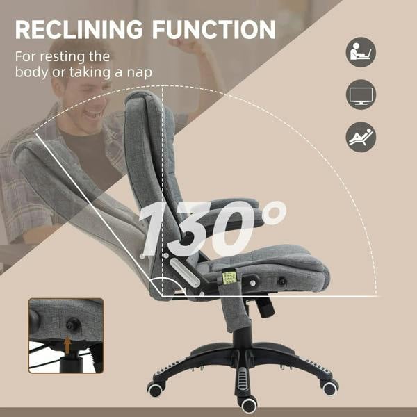 Grey recliner chair shown reclining to 130°, on five-star swivel base with wheels