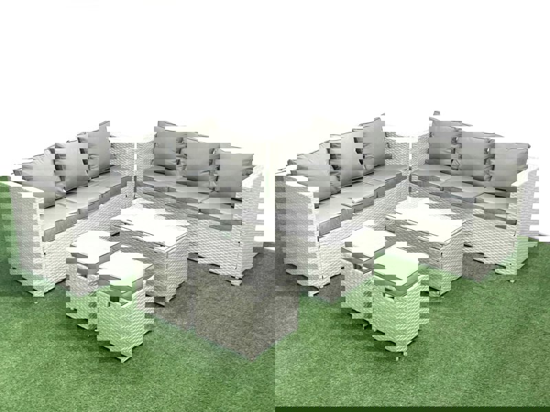 Fimous Garden Outdoor PE Rattan Furniture Set 8 Seater Rattan Garden Sofa Set with 2 Small Footstool Light Grey Mixed