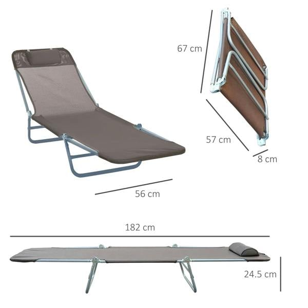 Brown foldable sun lounger with padded headrest and dimensioned side view