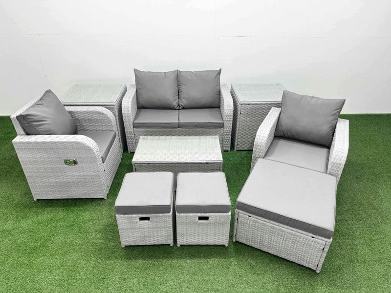 Fimous 7-Seater Light Grey PE Wicker Rattan Garden Furniture Set - Reclining Adjustable Chair Sofa with Rectangular Coffee Table & 3 Small Stools