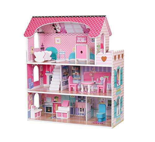 HYGRAD BUILT TO SURVIVE Wooden Play Doll House With Accessories & Furniture Role Play Doll House 4 Designs Christmas, Birthday Girls Gift (Design 1)