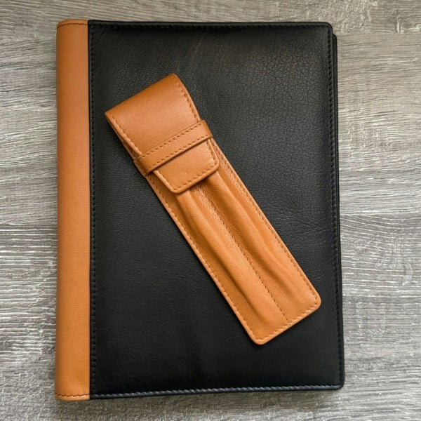 Leather A5 Refillable Notebook Cover & Double Pen Case – Gift Set