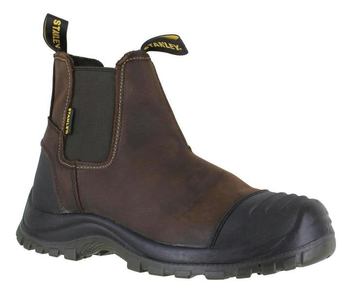 Stanley Riley Mens Pull On Steel Toe/Midsole Chelsea Dealer Boots, brown leather work boots with black rubber sole, steel toe cap, and pull-on design with elastic side panels.