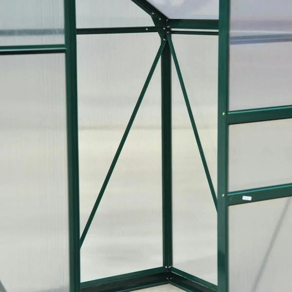 Dark green aluminum frame greenhouse corner with diagonal support braces