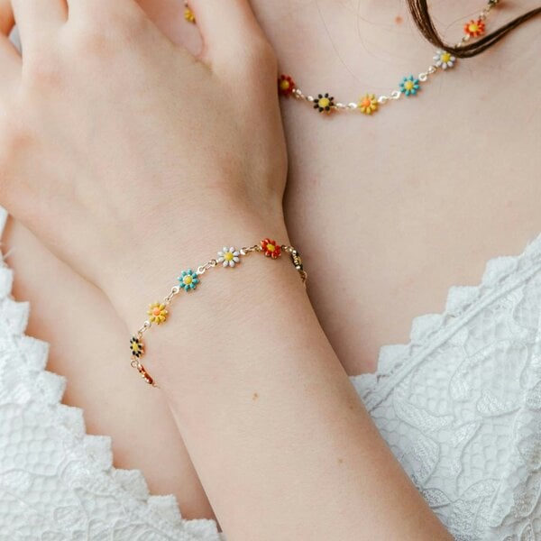 The Colourful Aura Colourful Rainbow Sun Flower Charm Indie Daisy Floral Summer Boho Bracelet - Gold