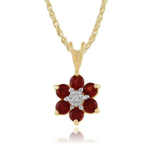 Gemondo Floral Round Garnet & Diamond Cluster Pendant in 9ct Yellow Gold