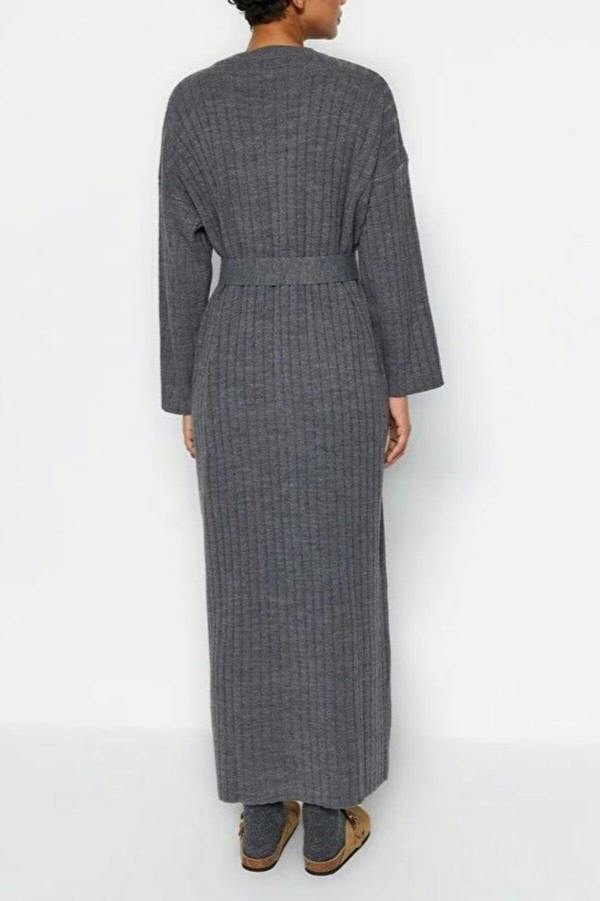 WOVCOR Ribbed Knitted Dress with Belt Detail