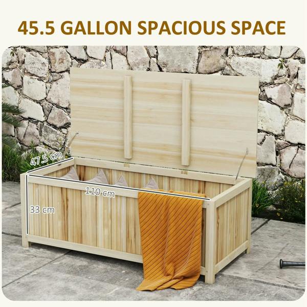 Natural wooden outdoor storage box with hinged lid open and orange fabric draped inside