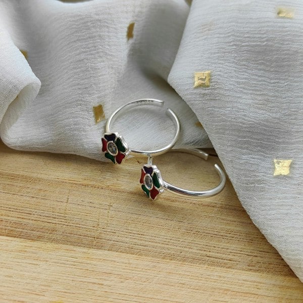 Colourful Floral Silver Toe Ring