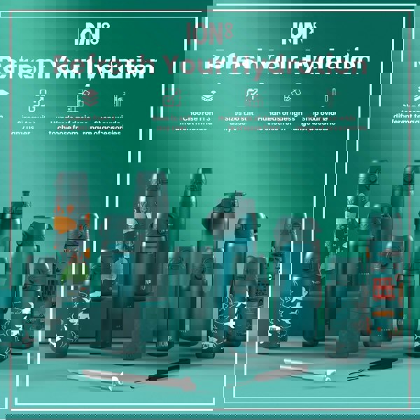 Several teal water bottles, various sizes and designs, are displayed on a teal surface. Refresh Your Hydration. Choose from 3 different materials. Sizes to suit any user. Hundreds of designs to choose from. Shop our wide range of accessories.