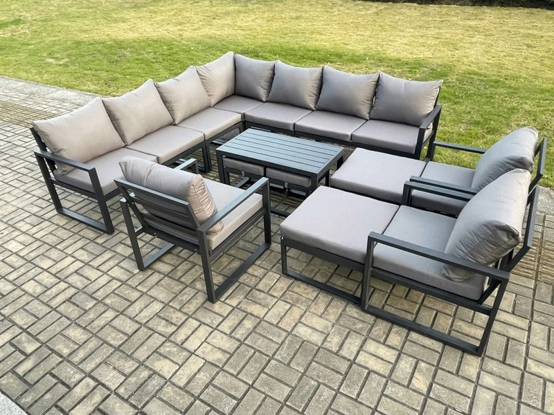 Fimous 14 Seater Aluminium Outdoor Garden Furniture Set, Sofa with Oblong Coffee Table 3 Chairs 2 Small Footstools 2 Big Footstools Dark Grey