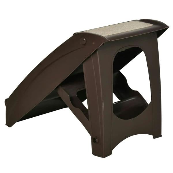 Brown foldable four-step pet stairs with beige non-slip treads, side view