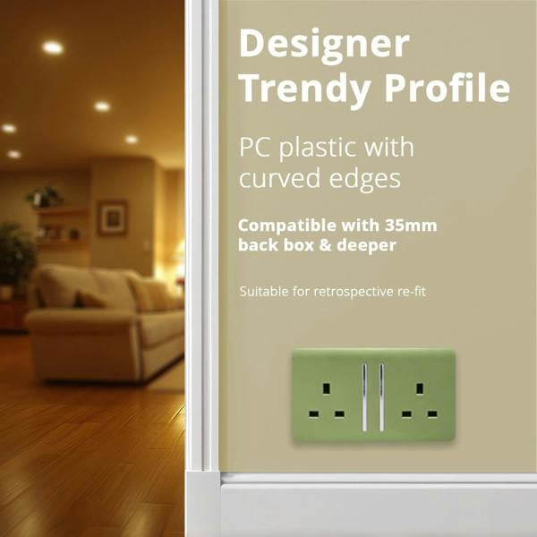 Trendi Switch 2 Gang Long Switched Plug Socket in Moss Green