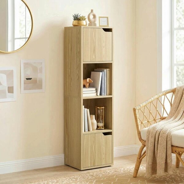Narrow Bookcase, 4-Tier Bookshelf, Storage Cabinet with doors for Living Room, Bedroom, Oak