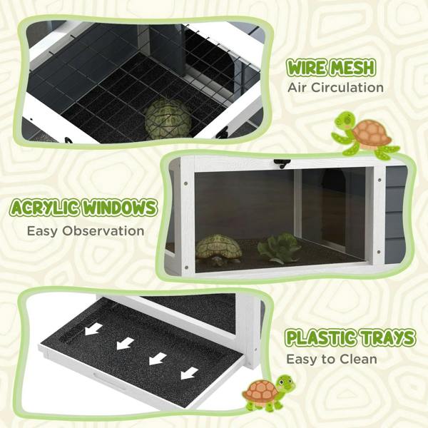 Grey and white wooden tortoise table with wire mesh floor and plastic pull-out trays
