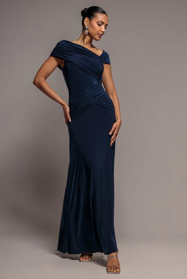 Asymmetric Neck Gathered Waist Maxi Dress - Navy Blue DR5096