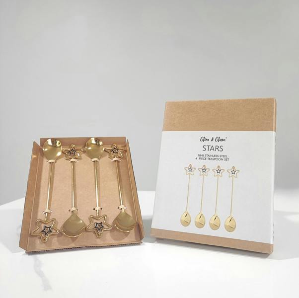 Tea Spoons Set 18/8 Stainless Steel 4pc teaspoon Set Gold Star Christmas Gift