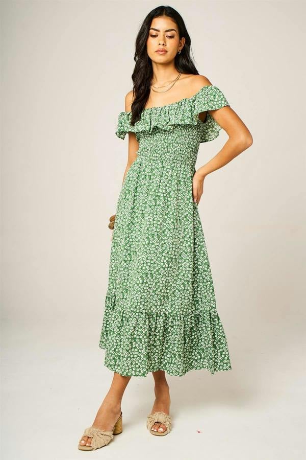 FS Collection Little Floral Print Hem Frill Detail Bardot Midi Dress In Green