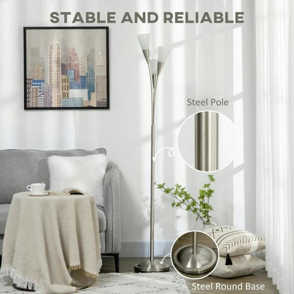 Silver standing floor lamp with steel pole and round steel base
