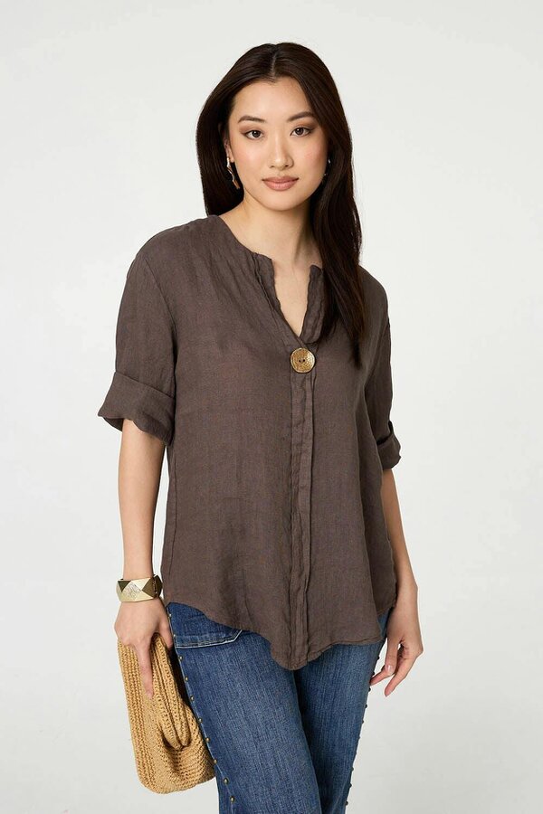 Izabel London Button Detail 1/2 Sleeve V-Neck Blouse - Brown