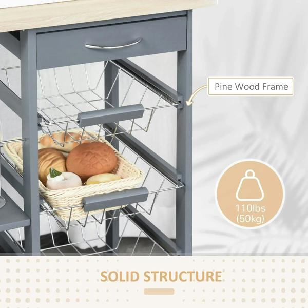 Grey cart with wire baskets holding items and a drawer under a light wood top