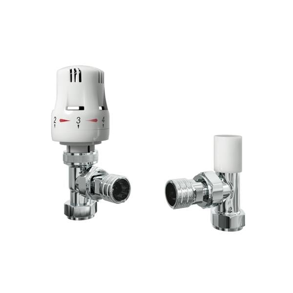 Flode Angled Round Thermostatic TRV & Lockshield With Shut Off | 15mm x 1/2″ | Gloss White