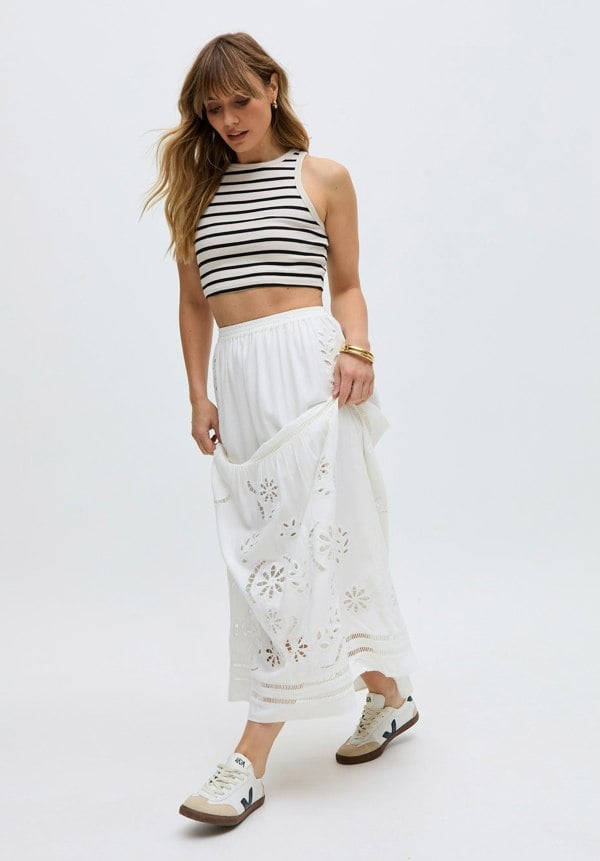 Georgina Lace Paneled Maxi Skirt In Whit