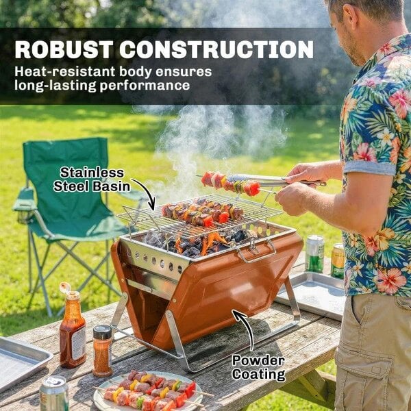 Bobobiy Charcoal BBQ Grill Portable Stainless Steel Barbecue with Tilting Grate for Camping Picnic Garden Orange