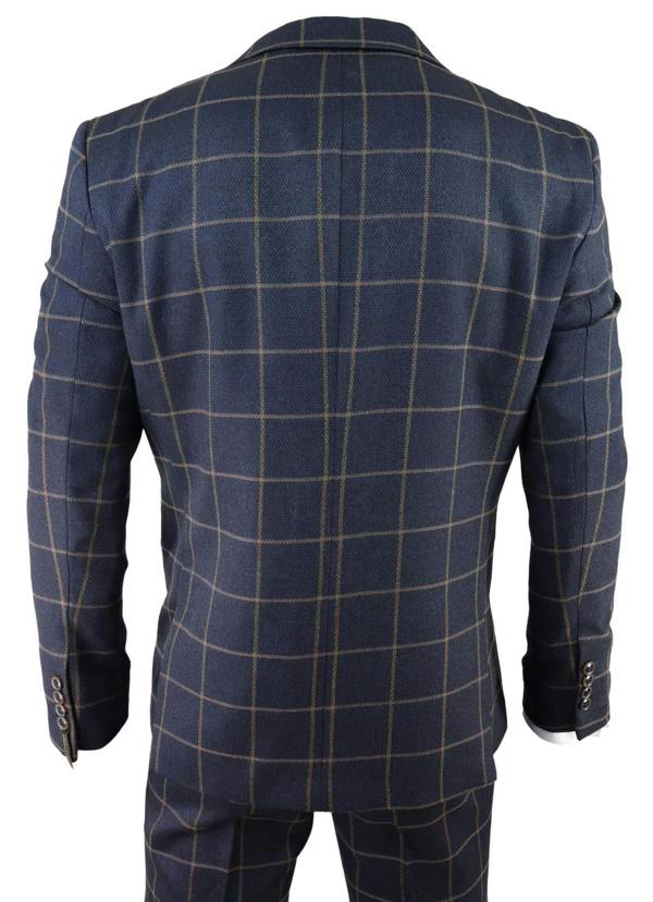 TruClothing Mens Navy Blue Check 3 Piece Tweed Suit Peaky Blinders 1920s Gatsby Tailored Fit