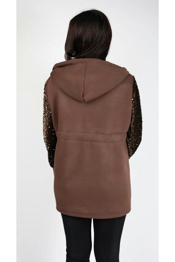 Evalora Zip Up Hoodie With Sequin Sleeve Detail - Brown
