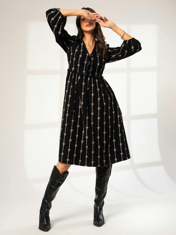 Rose & Nancy Beatrix Black Cord Embroidered Midi Dress