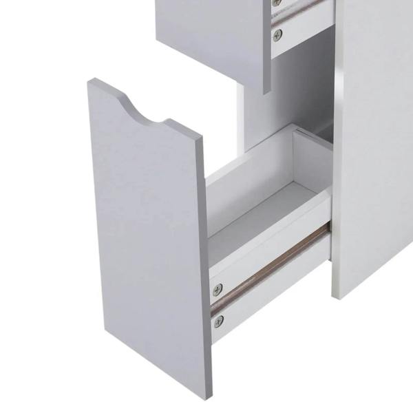 Open gray drawer revealing white interior and wooden-tone rail slides