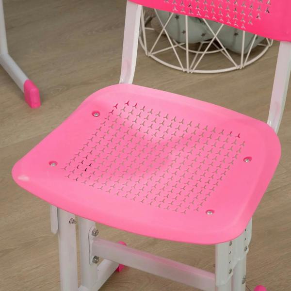 Pink perforated chair back and seat with white legs and adjustable support frame.